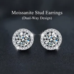 Boucles d'Oreilles Clous en Argent Sterling 925 Moissanite Deux Façons de Porter Halo Rond Jackets Bijoux de Luxe pour Femmes