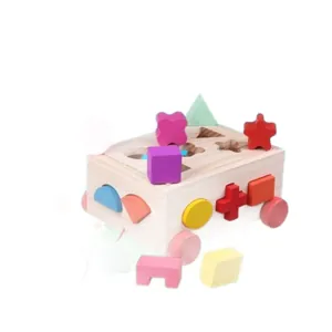 Wooden shape sorter pull car toy with colorful building blocks for toddler education