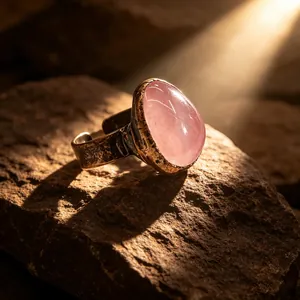 Macro detail of retro hammered metal ring featuring a large pink oval quartz gemstone