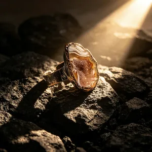 Macro shot of natural raw crystal stone set in a vintage adjustable gold plated ring