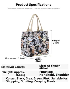 Detailed size chart for a cartoon cat canvas tote bag showing dimensions and specifications