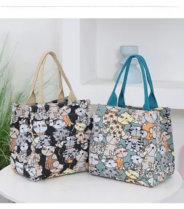 Detail of cartoon cat canvas tote bags in black and teal with durable handles