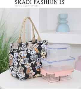Detail of cartoon cat canvas lunch bag showing a matching food container set