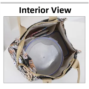 Interior view of the cat canvas tote showing large capacity with zipper closure