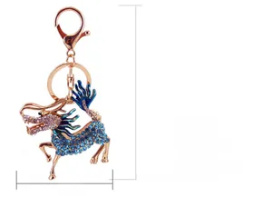 Detail showing dimensions of Chinese style Kirin keychain with blue rhinestones and zinc alloy