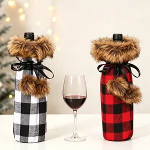 Christmas plaid wine bottle covers with faux fur collar and pom-poms for festive decor