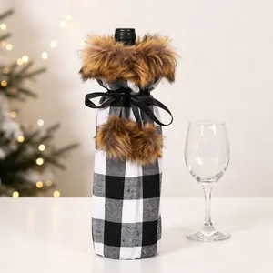 Detail of Christmas buffalo check wine bottle cover with faux fur collar and pompom bow