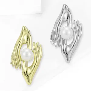 Creative hand-shaped brooch pins with pearl accent in gold and silver finish