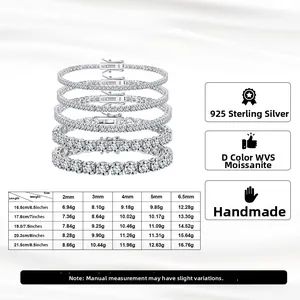 Size chart for moissanite tennis bracelets showing width, length and silver weight details