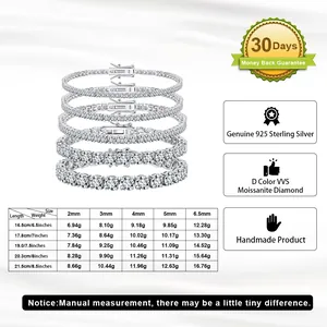 Size guide for S925 sterling silver moissanite tennis bracelets in various widths and lengths
