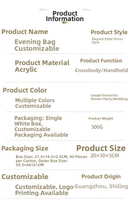 Specifications of acrylic evening clutch bag measuring 20x10x5cm for wedding parties