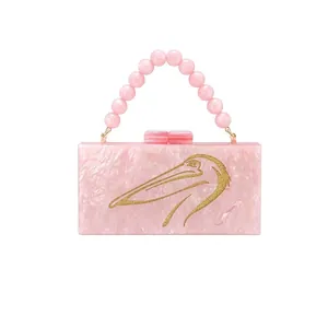 Evening Clutch Bag Acrylic Pink Marble Pattern Hard Shell Box Pelican Bird Design With Chain And Bead Strap For Women