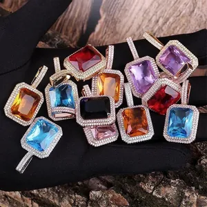 Rectangular Gemstone Pendant Necklace Copper Zircon Halo Hip Hop Style Twisted Rope Chain Jewelry For Men Women