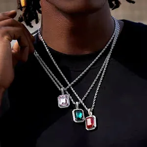 Hip hop style square gemstone pendant necklaces with silver rope chains for men and women