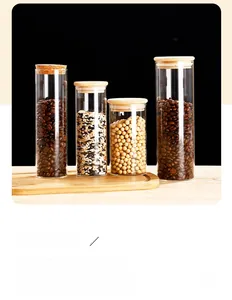 Detailed view of glass storage jars with bamboo lids and airtight silicone seals
