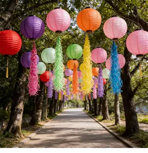 Close-up of colorful paper lanterns with spiral tassels hanging in a garden for weddings