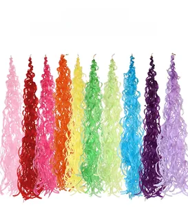 Close-up of vibrant spiral hanging swirls in ten colorful paper styles for party decor