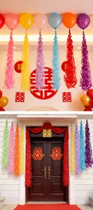 Close-up of colorful spiral hanging streamers for wedding and party wall decorations