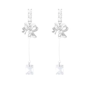Elegant 925 silver needle bow drop earrings with tassels and sparkling rectangular crystals