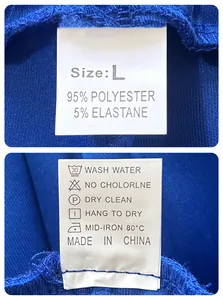 Detail of fabric label showing 95% polyester and 5% elastane composition for joggers