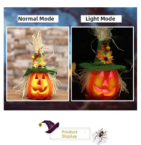 Detailed comparison of glowing foam pumpkin lantern with wizard hat in on and off light modes