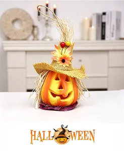 Detailed view of Halloween pumpkin lantern with wizard hat and sunflower decoration