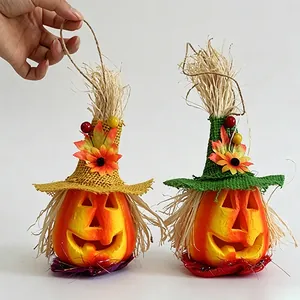 Halloween Pumpkin Lantern Glowing LED Jack-O-Lantern Desktop Ornament Scarecrow Wizard Hat Foam Burlap Straw Decor
