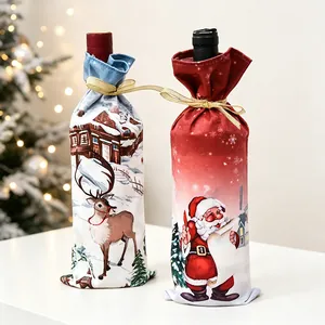 Christmas wine bottle covers with Santa and reindeer prints and gold ribbons