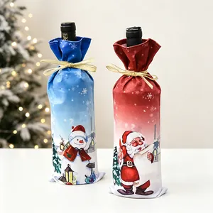 Festive wine bottle covers with Santa and Snowman prints and golden bow ribbons