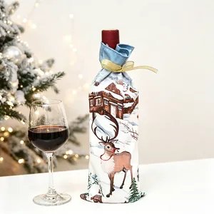 Detail of Christmas wine bottle cover with reindeer print and elegant golden ribbon bow
