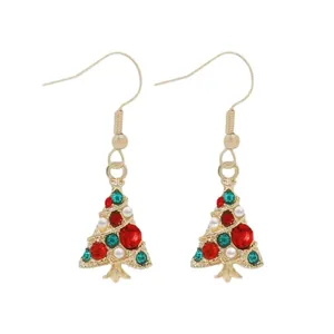 Christmas tree drop earrings with colorful rhinestones and white pearls on gold hooks