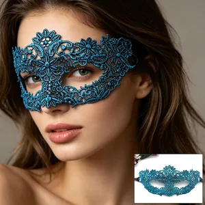 Peacock blue lace masquerade mask with floral hollow pattern for party and festival