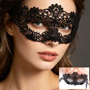 Close-up of black lace masquerade mask with intricate floral patterns and silk ribbons