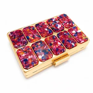 Elegant gold acrylic evening clutch bag with colorful mosaic pattern and metal frame