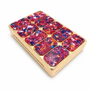 Fashion acrylic evening clutch bag with colorful mosaic tiles and golden metal frame