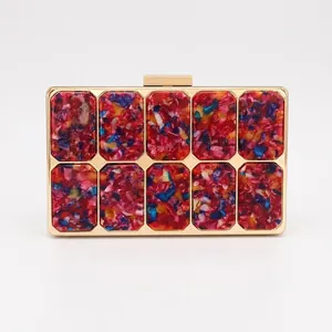 Women Evening Clutch Bag Acrylic Marble Texture Hard Shell Handbag With Gold Metal Frame And Removable Chain For Wedding Party