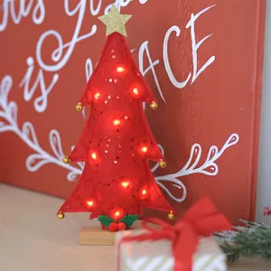 Red felt mini Christmas tree with LED lights, golden bells and star on wood base