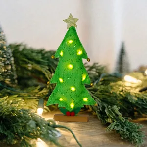 Tabletop green felt Christmas tree with LED lights, gold star and wooden base decoration