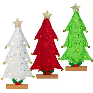 Mini felt Christmas trees with LED lights and wooden base for desktop holiday decoration