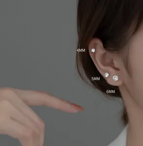 Minimalist S925 silver stud earrings with sparkling round diamonds in 4mm 5mm 6mm sizes