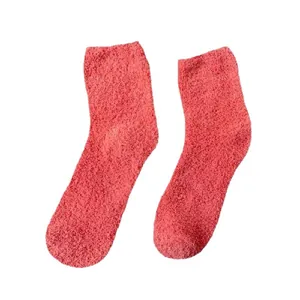 Thick warm rose pink coral fleece crew socks for women in soft plush thermal fabric
