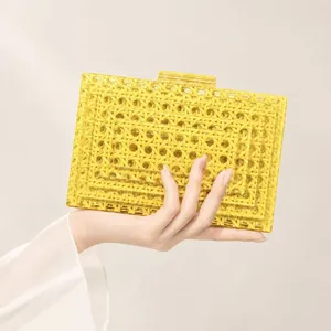 Chic bright yellow woven acrylic clutch bag for evening parties and wedding events