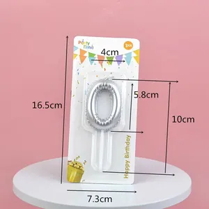Detailed dimensions of the silver number 0 birthday candle in retail packaging