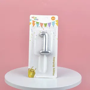 Metallic silver number 1 birthday candle with balloon texture shown in retail packaging.