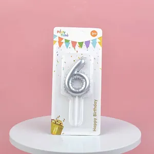 Detailed view of a silver number 6 birthday cake candle in retail blister card packaging