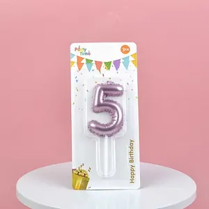 Purple metallic number 5 birthday candle in card packaging for party cake toppers