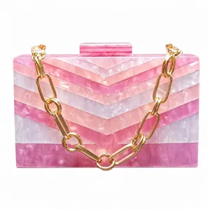 Detailed macro view of pink chevron pattern acrylic clutch with gold chain strap