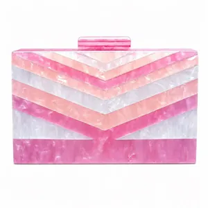 Pink and white marble acrylic clutch bag with chevron pattern and chain strap