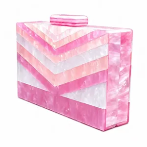 Retro acrylic clutch bag with pink marble V-pattern and golden chain strap for women