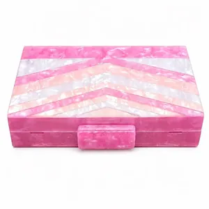 Pink and white marble texture acrylic evening clutch bag with V-shaped chevron pattern